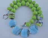 Lime Green Beaded Lampwork Necklace, Color Block Necklace, Pastel Blue Necklace, Spring Necklace