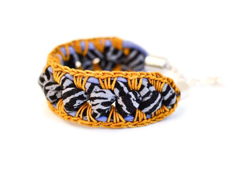 Fabric Bracelet , Crochet Bracelet Black and Grey Pattern Blue Jersey, Mustard Yellow Yarn