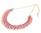 Tribal Necklace, Fabric Necklace, Crochet Bib, Coral Red Turquoise Jersey Yarn 50cm