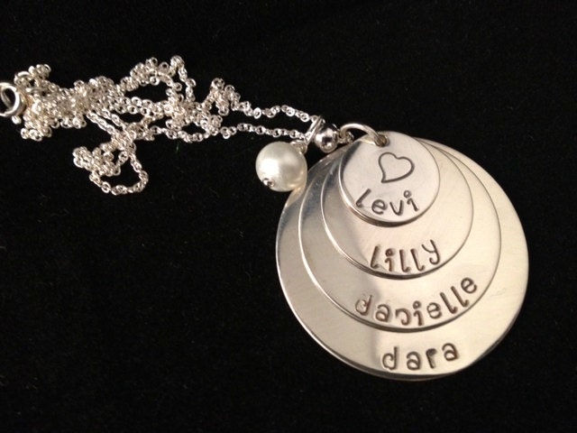 Personalized Sterling Silver Four Disc Mom Necklace/Gift with Children's Names & Heart - Mother's Day