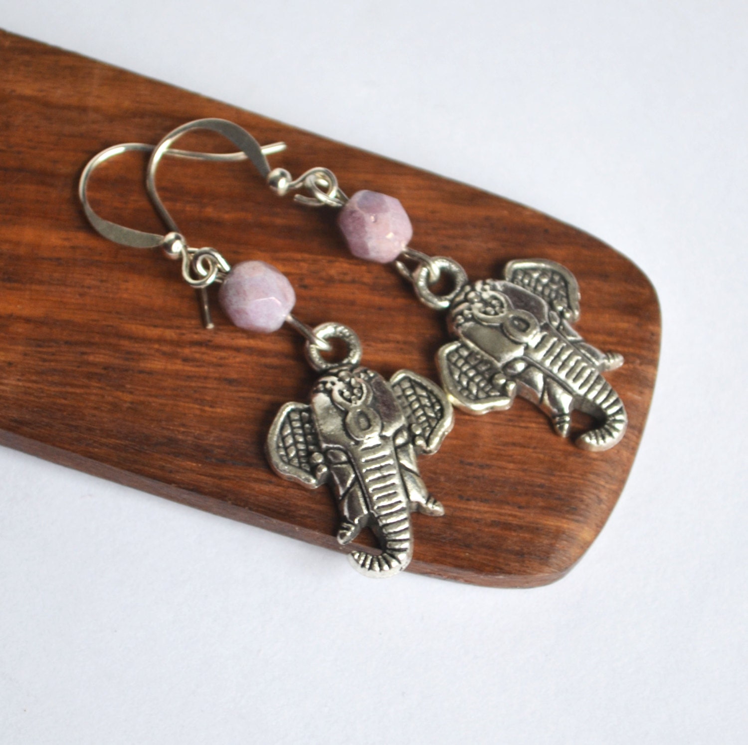 Elephant Charm Earrings, Silver Ganesh Indian Inspired Earrings, Indian Inspired Jewelry, Mauve Czech Beads