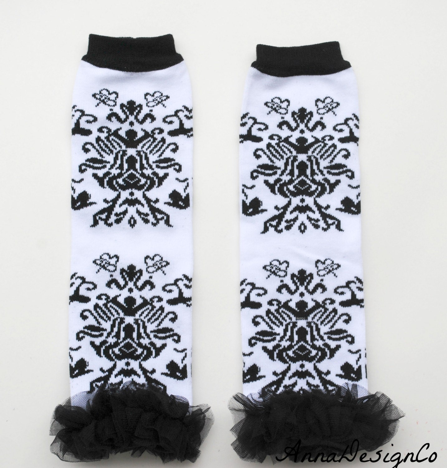 Black and White Damask Ruffled Baby/Toddler Leg Warmers