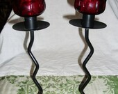 Vintage Wrought Iron Candle holders w Ruby Glass Votive Cups Set Only 6 USD