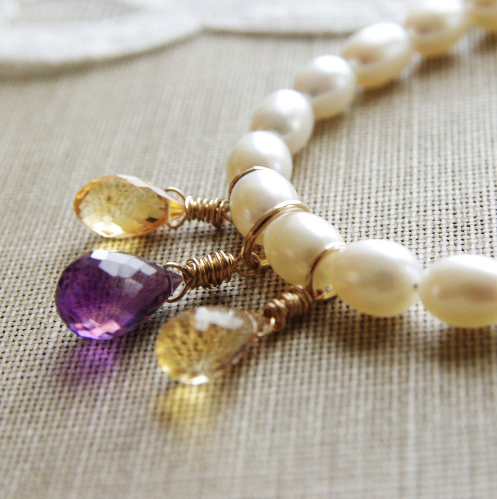 Amethyst Citrine Necklace Pearl Necklace Wire Wrapped Gemstone Yellow Purple Gold Fill White Freshwater Pearl Bride Necklace Jewelry By SS