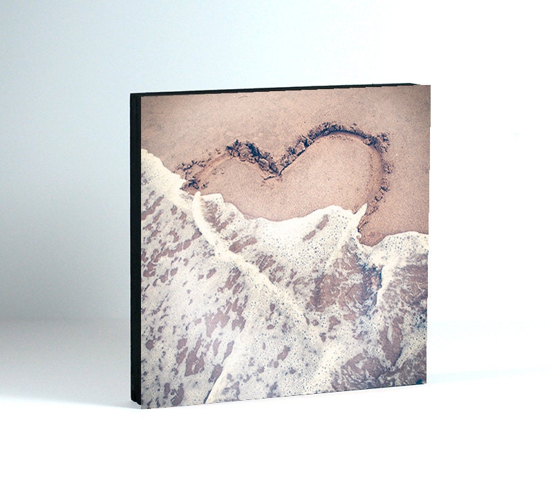 Art wood block - photo wood block- heart in the sand photograph - dreamy home decor - nursery wall art - 5x5 - beach photography