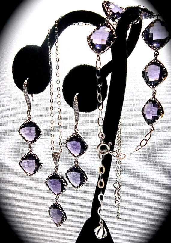 Amethyst - Necklace - Bracelet - Earrings - 3 piece set  - Sterling silver - Purple Diamond cut Cubic Zirconia's - Bridesmaids - Gift -