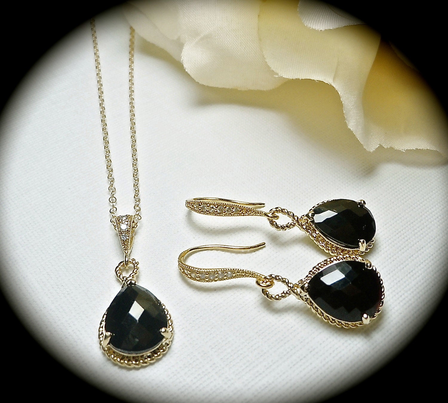 Black necklace and earring set Gold filled by QueenMeJewelryLLC