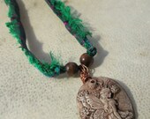 Forest Faerie Necklace. Painted Polymer Clay, Recycled Sari Silk Ribbon. Brown, Green, Purple, Copper. Fantasy, Fairy, Hippie.