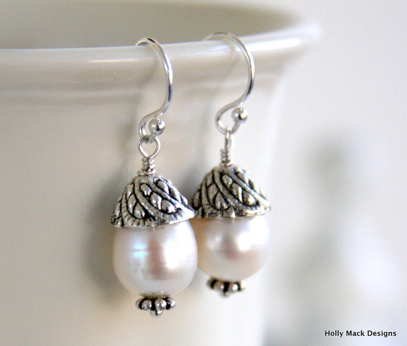 Freshwater pearl earrings with pewter bead caps and sterling silver ear wires