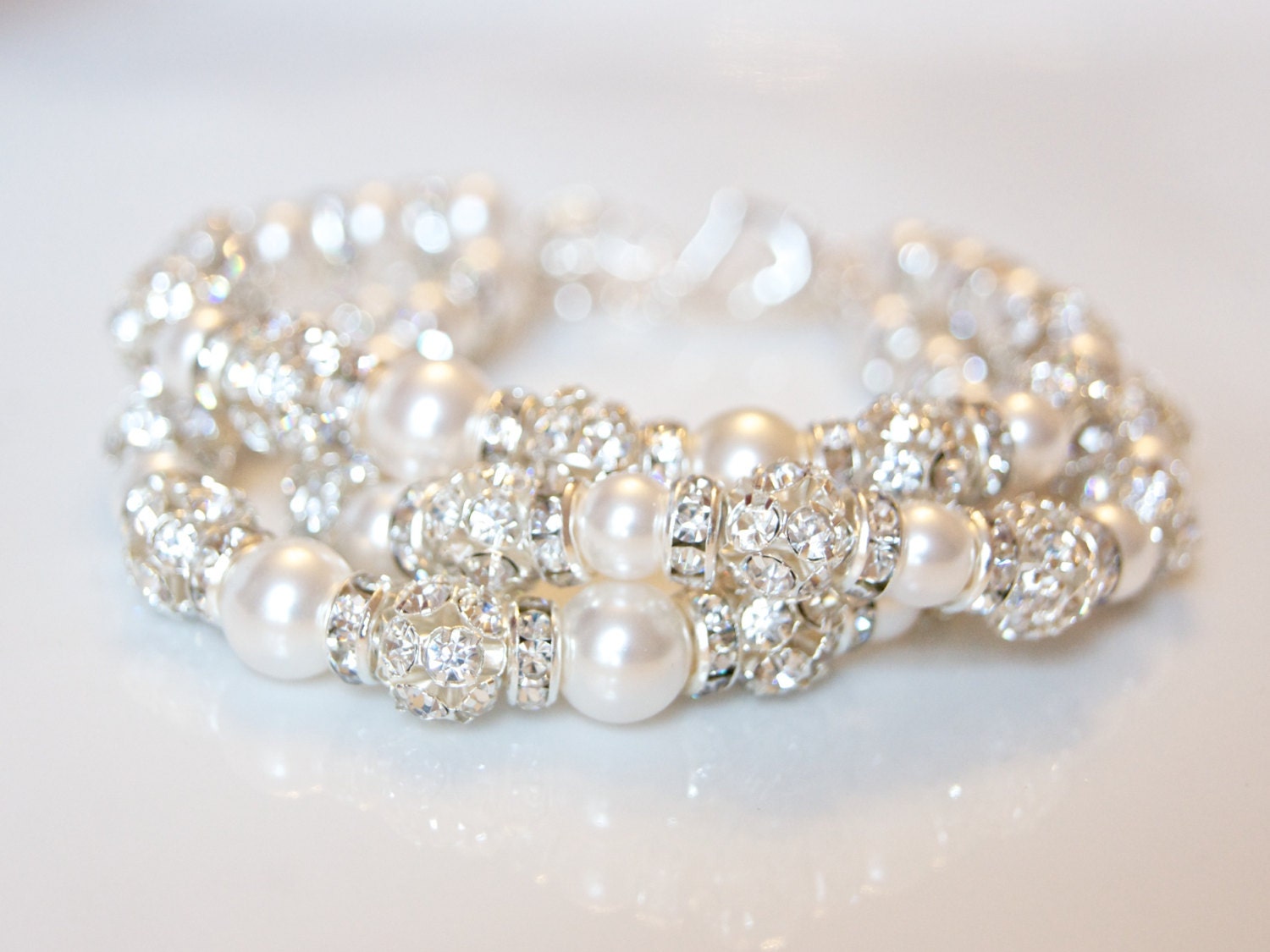 Wedding Bracelet, Crystal Rhinestone and Pearl Triple Row Cuff Bridal Bracelet in Silver
