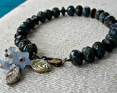 Dusky Blue Glass Bead and Brass Bracelet with Lucite Flowers, One of a Kind