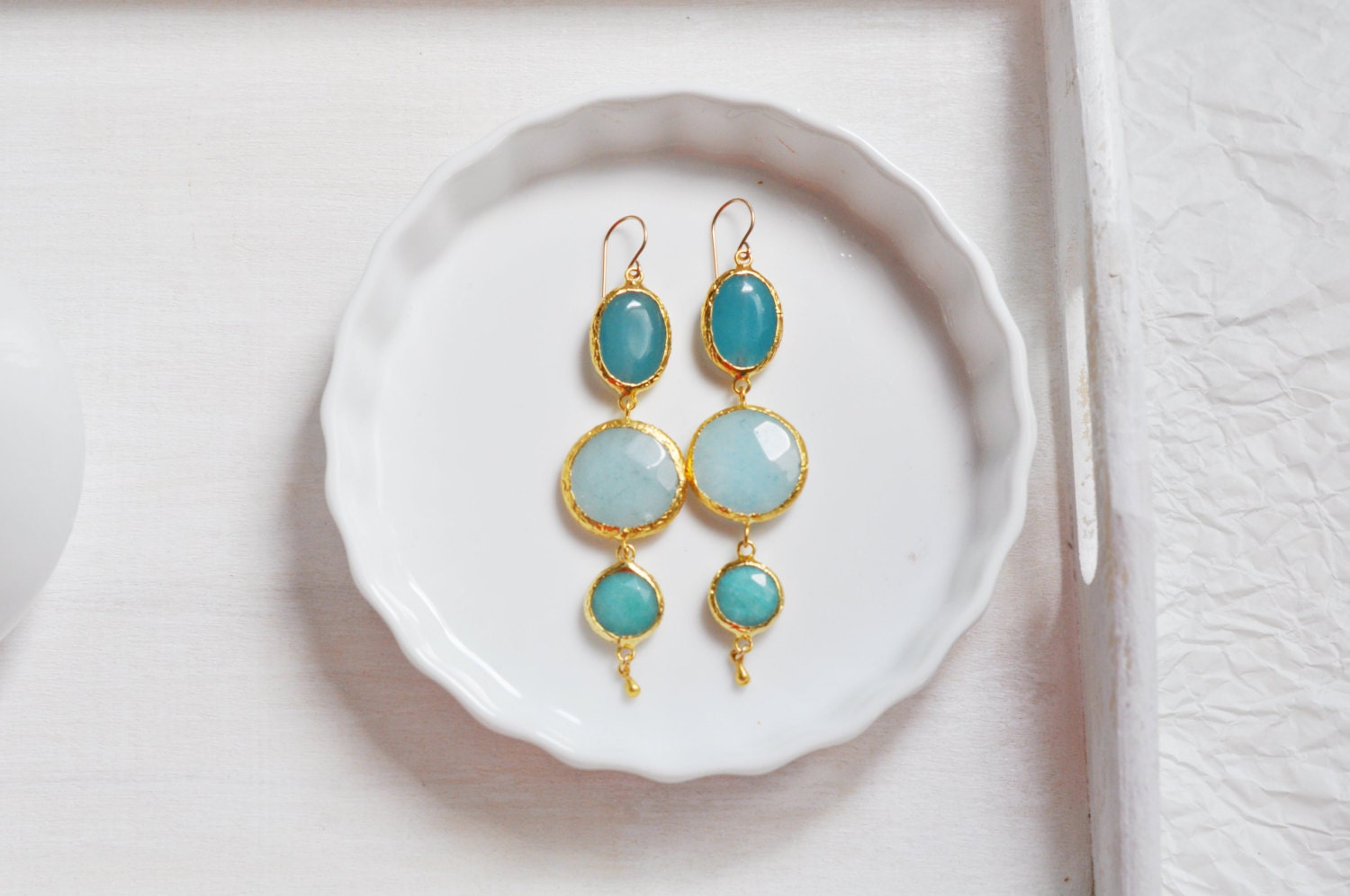 LARGE  very LONG jewelry turquoise baby blue classic blue earrings fashion Jewelry shades of blue gold gemstone earrings israel