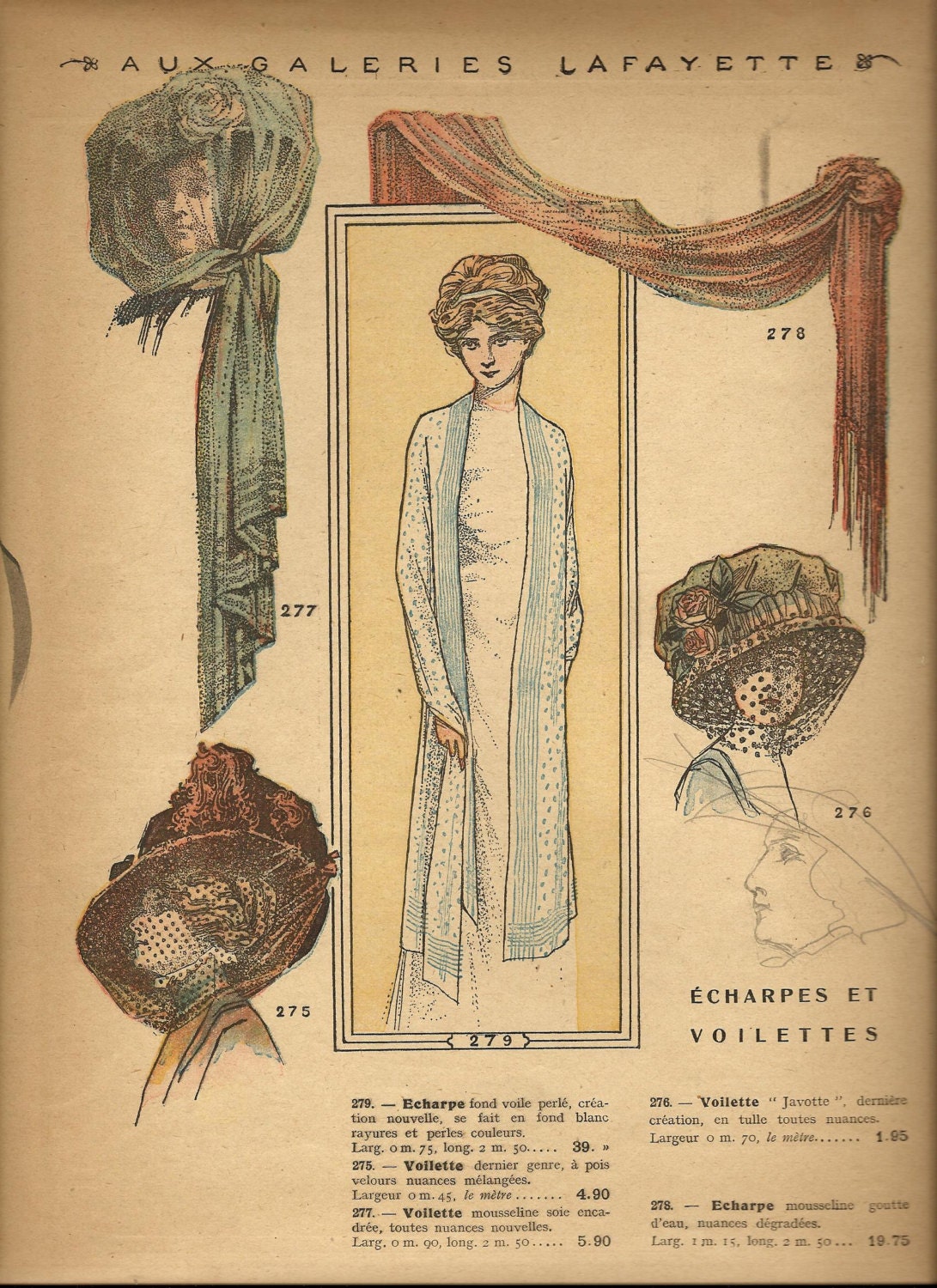 French Belle epoque fashion poster veil scarf illustration - magazine Galeries Lafayette
