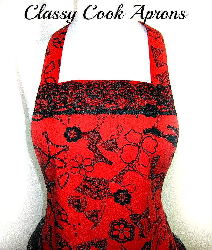 Apron Ooh LaLa, LINGERIE, Très SEXY Frilly, Red & Black LACE Flounce, Pretty Party Hostess Gift