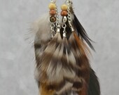 Natural Grizzly Feather Earrings with wood and silver colored & green beads