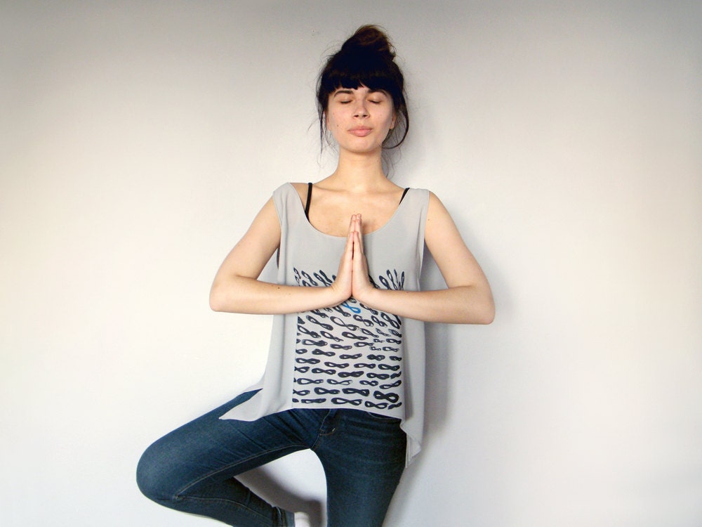 Zen Infinity Sheer Tank Top - Gray Chiffon Summer Beach Crop Top Infinity Sign Print Black and Turquoise Blue Print