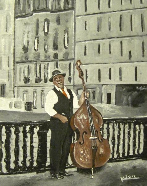 10 x 8 Original Modern Abstract JAZZ ART Street Musician Music Bassist Painting