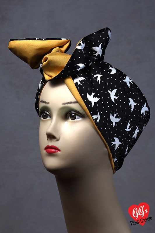 Swallow Print Headscarf Lined in deep yellow - 100% Cotton