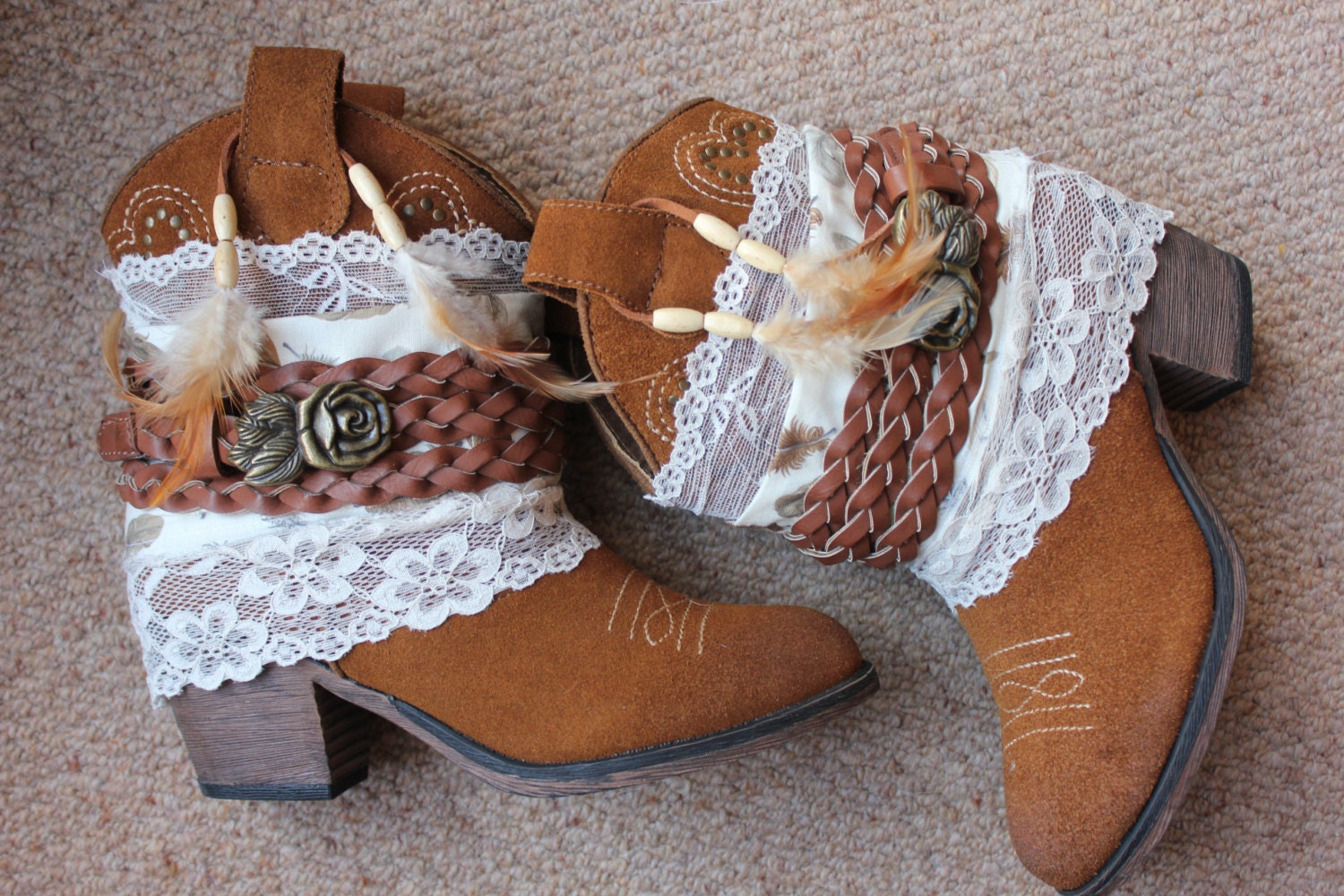 Handmade tan suede leather cowboy boots US size 6