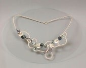 Linen wearable art jewelry with gray and white pearls. Black pearl linen necklace with sea anemons. Summer sea bijoux.