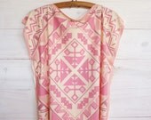 Blush pink Tunic top ethnic style, t-shirt, tribal printed design, reversible side, short batwing sleeves
