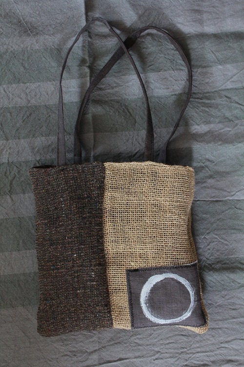 SALE Burlap Patched Handprinted Tote