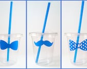 24 Mustache and Bow Tie Disposable Party Cups, Lids & Plastic Straws - Birthday - Little Man Party - 12 oz or 16 oz Il_170x135