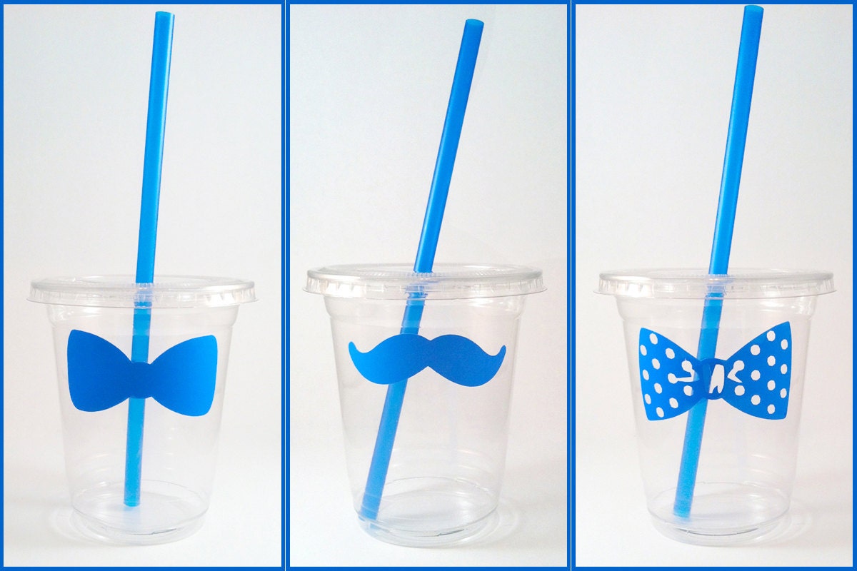 24 Mustache and Bow Tie Disposable Party Cups, Lids & Plastic Straws - Birthday - Little Man Party - 12 oz or 16 oz Il_570xn