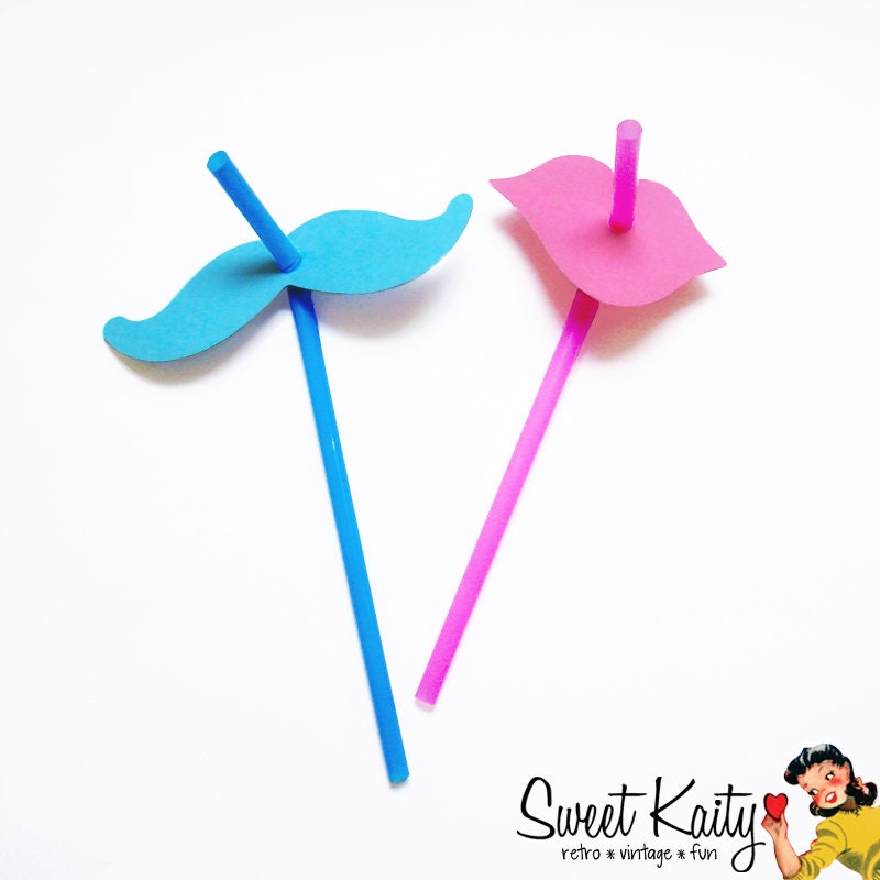 50 Mustache and Lips Straws - Gender Reveal Party - Photo Booth Props - Pink Lips and Blue Mustaches on Straws - Assembled Ready to Use Il_570xn