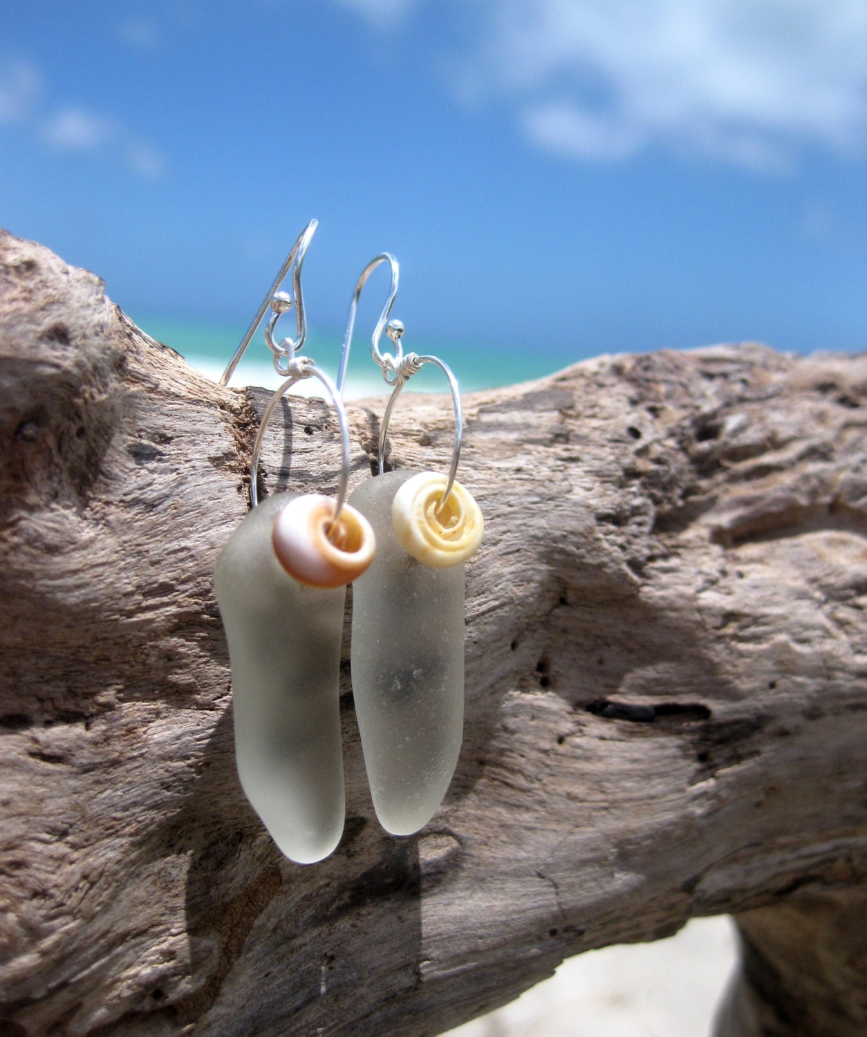 Hawaiian Naturally Long Clear Beach Glass with Matching Small Hawaiian Puka Shells on 925 Sterling Silver Circular Wire Small Hoop Earrings