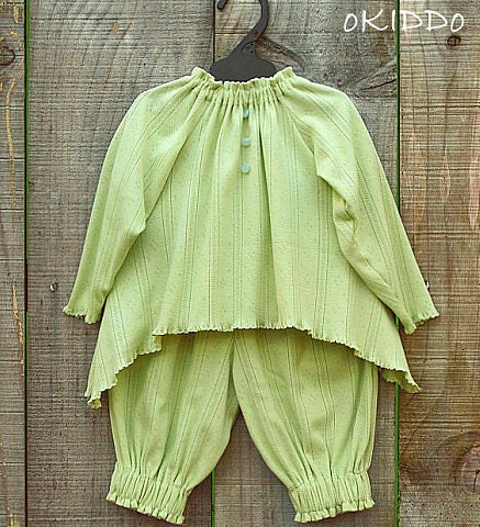 Girl's Dress Top and Harem Pants Set in soft vintage Green cotton knit - Sizes from 3 m to 5Tm
