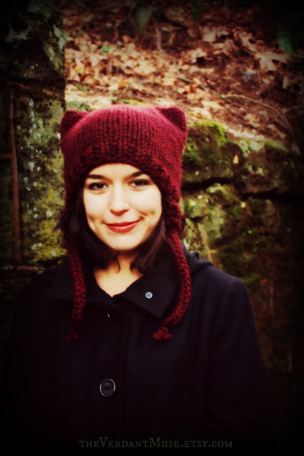 Kitty Ear Hat with Ear Flaps Chunky Knitted Wool Blend- Black Cherry Phiz- Kawaii, Cosplay, Goth
