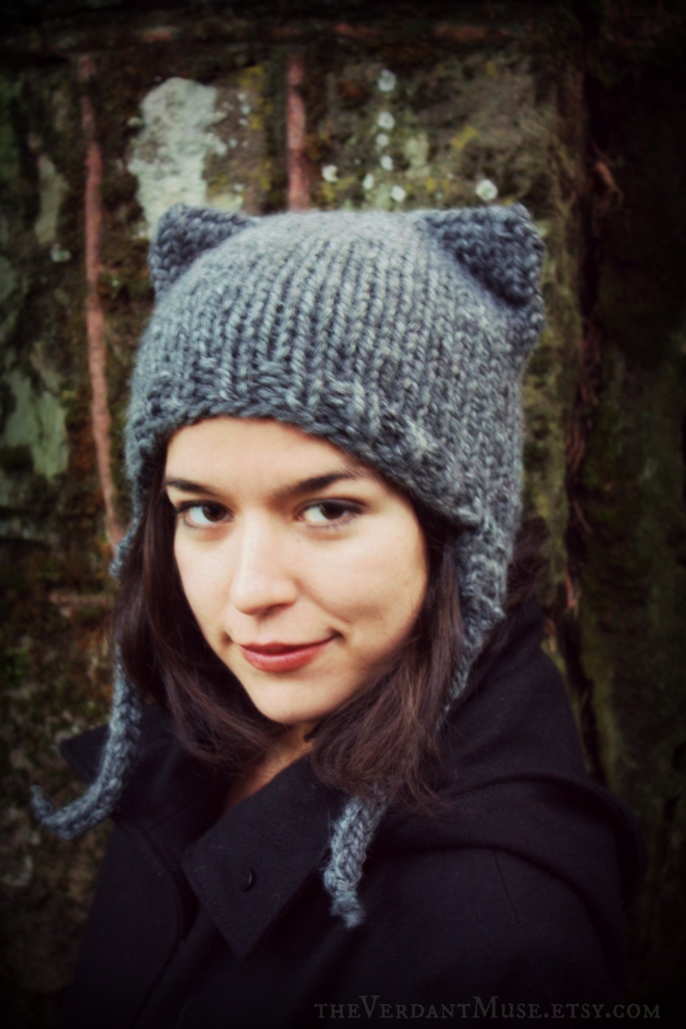 Kitty Ear Earflap Hat- Charcoal Gray Heathered Chunky Knitted WOOL Blend- Kawaii, Cosplay, Goth