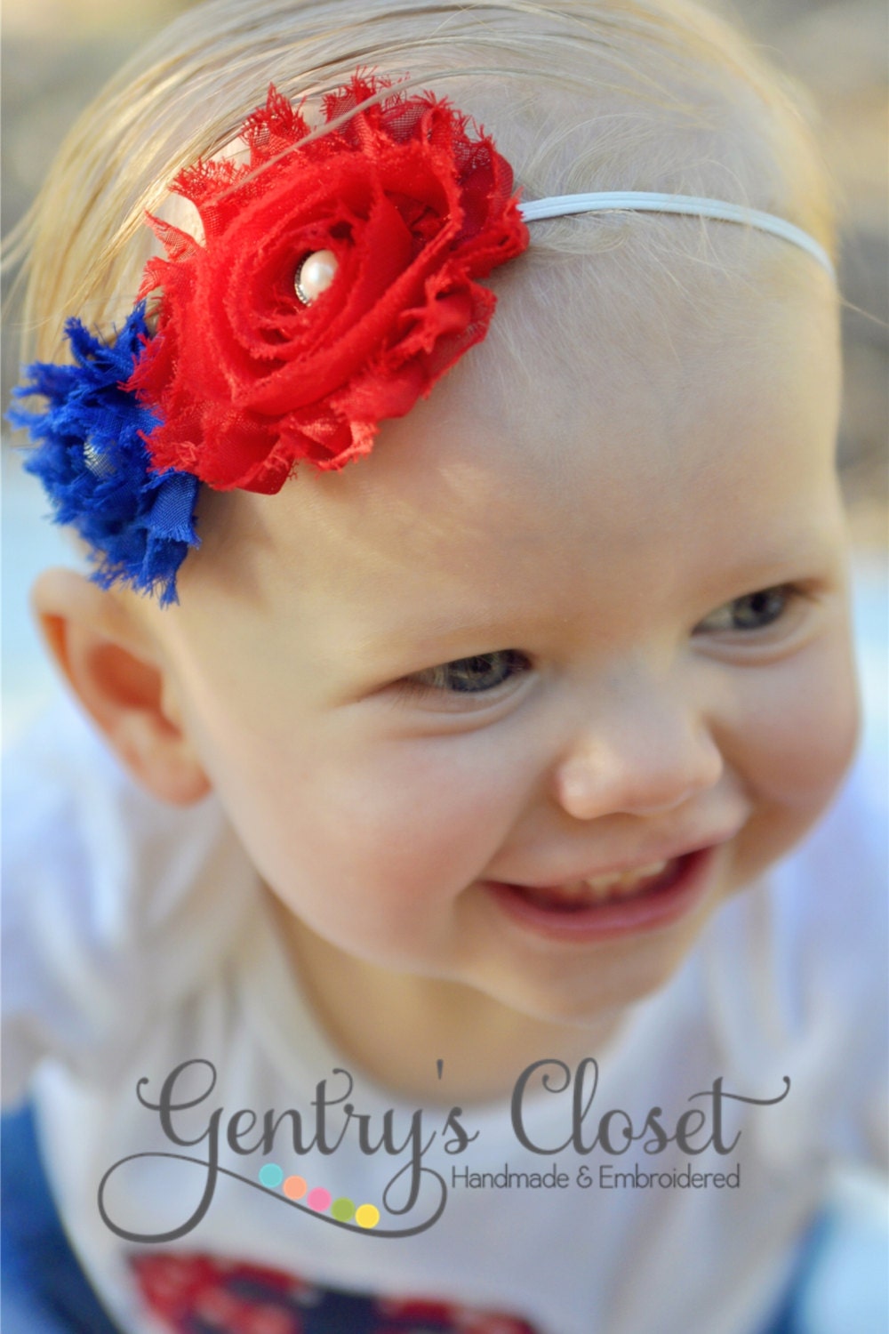 4th of July Baby Girl Headband- Red and Blue Shabby Rose Flowers - Nautical, Patriotic, USA, America. Sailor Baby Shower. Handmade
