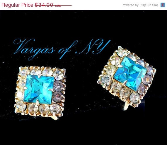 1946 VARGAS OF NY Rhinestone Earrings, Aqua / Turquoise, Old Hollywood