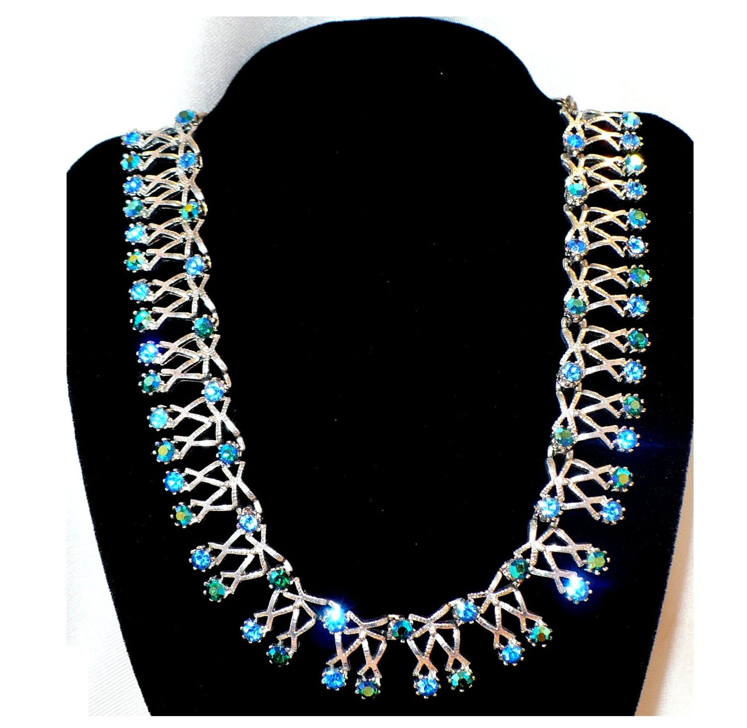 Vintage Blue AB & Royal Blue Rhinestone Necklace/Choker, Blue Rainbows