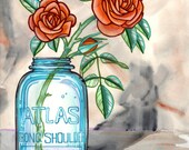peach roses in antique mason jar, rustic painting, kitchen decor