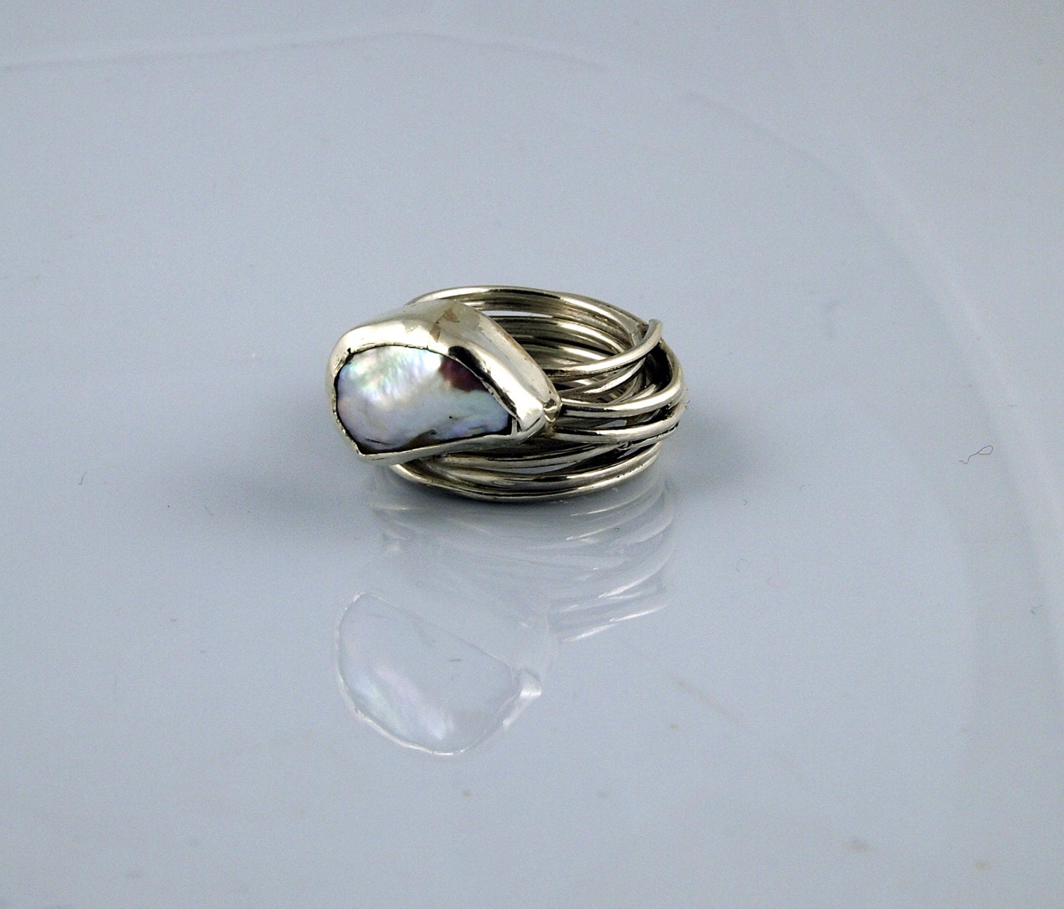 Sterling Silver and Pearl Ring - Abstract Third Eye - Ready to Ship