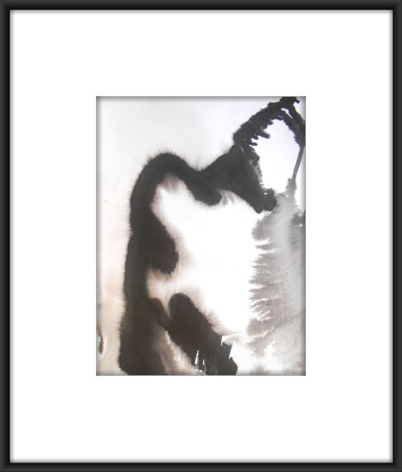 A3 Original Fine Art Black and White Abstract Ink Wash Painting 11.7x16.5 " Myth 062"