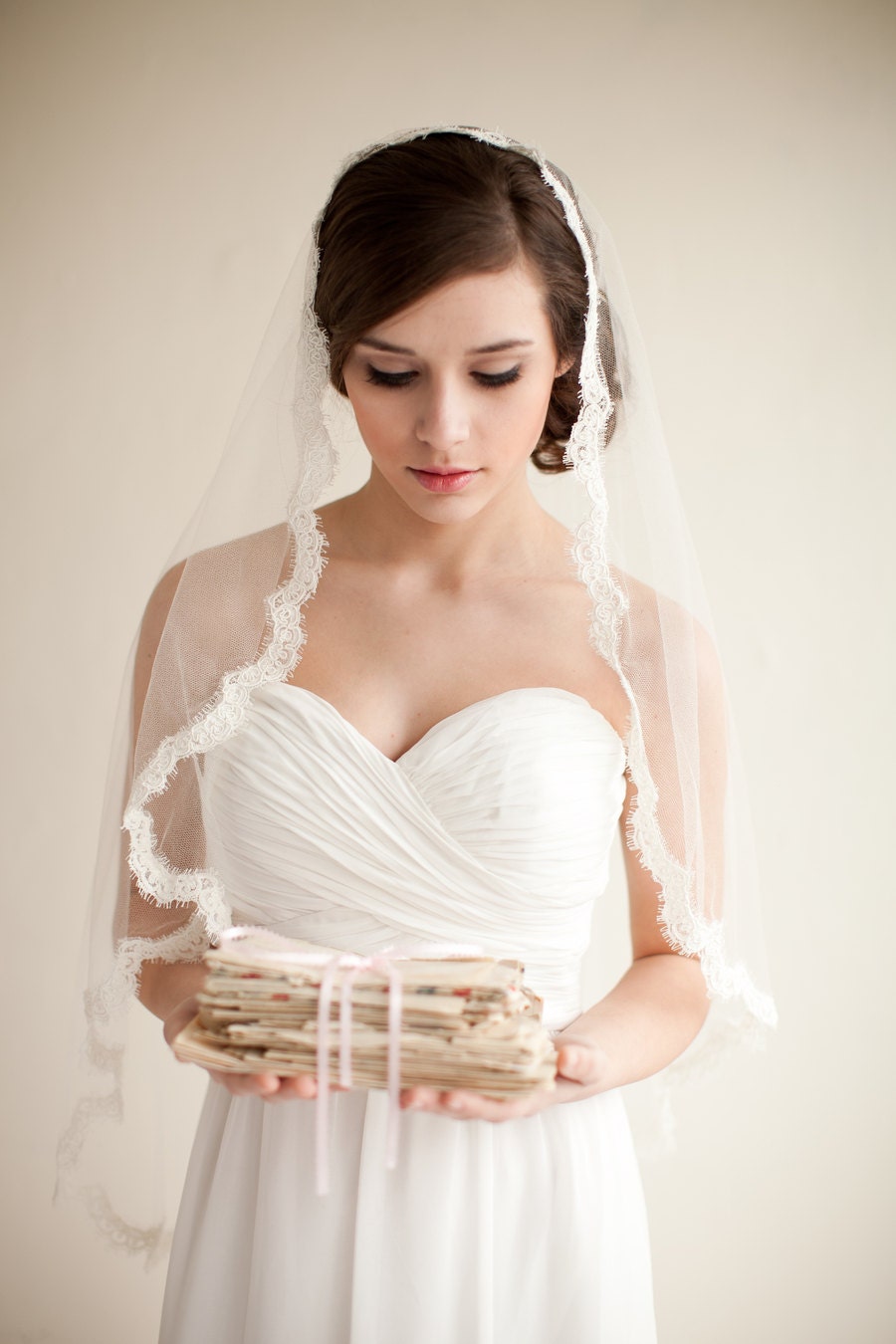 Silk Mantilla Veil with French Alencon Lace, Fingertip Veil, Silk Veil, Bridal Veil, Heirloom Veil - Grace  MADE TO ORDER