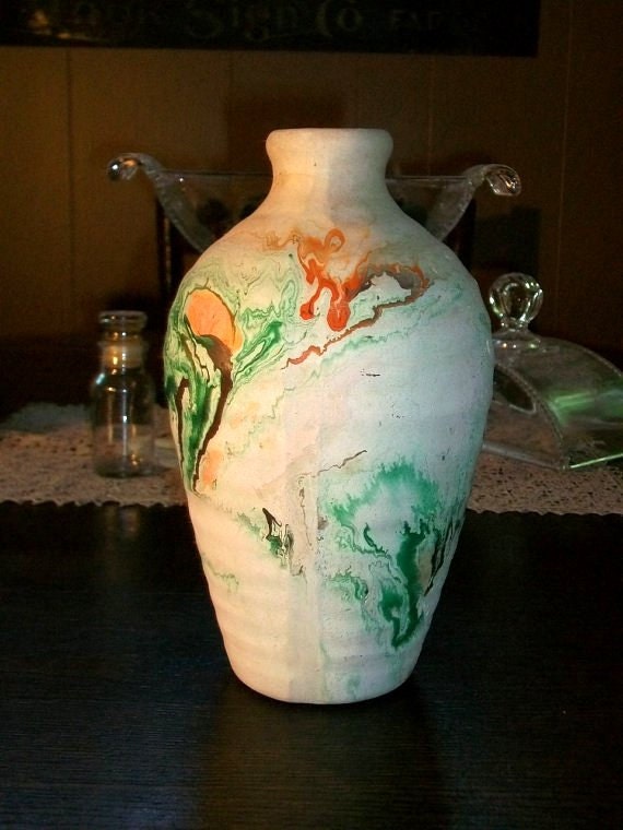 Vintage Vase Nemadji Pottery Hand Thrown Green and Orange Swirls