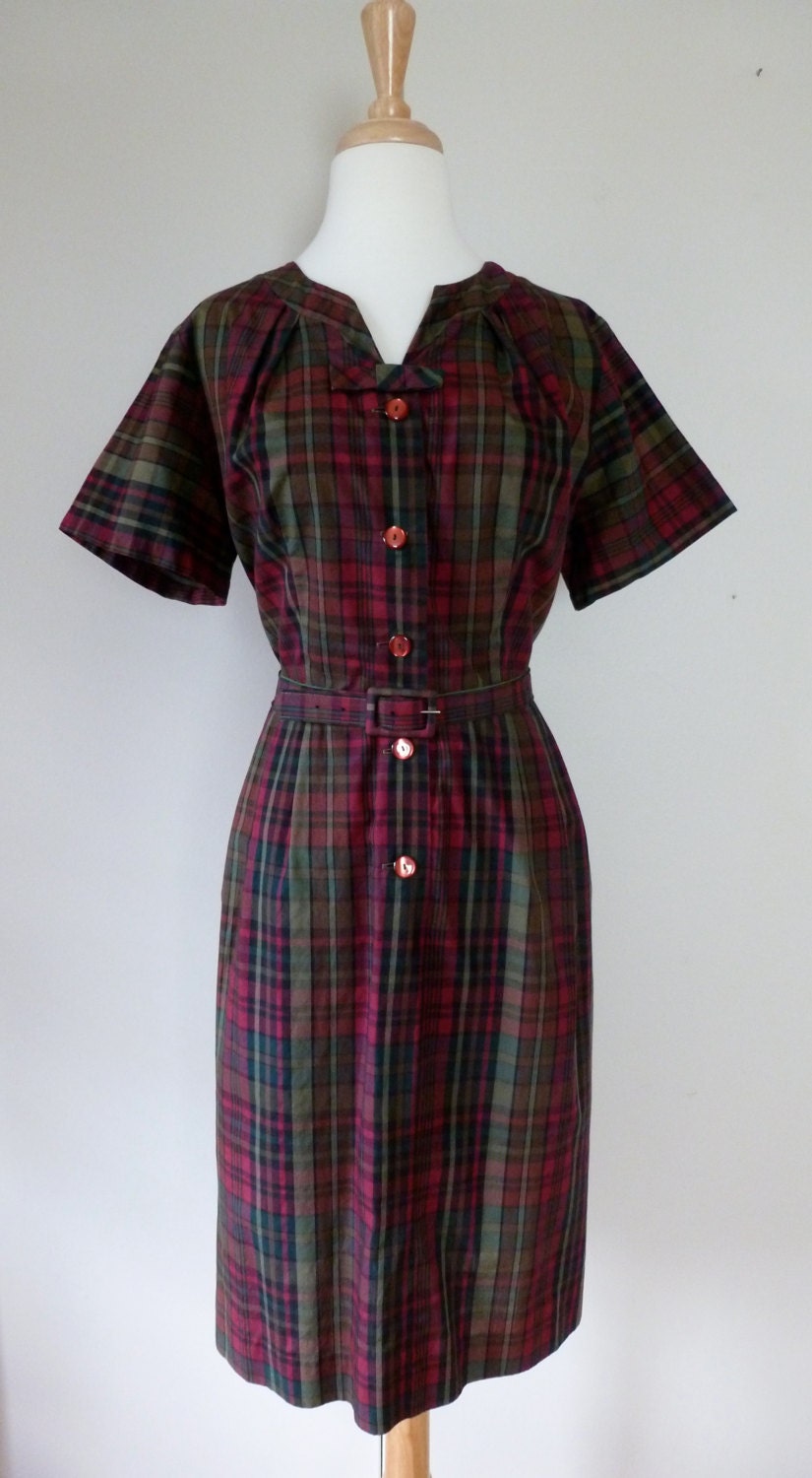 50's Shirt Dress Cranberry Olive Plaid Cotton Shirt Waist Button Front Dress L XL