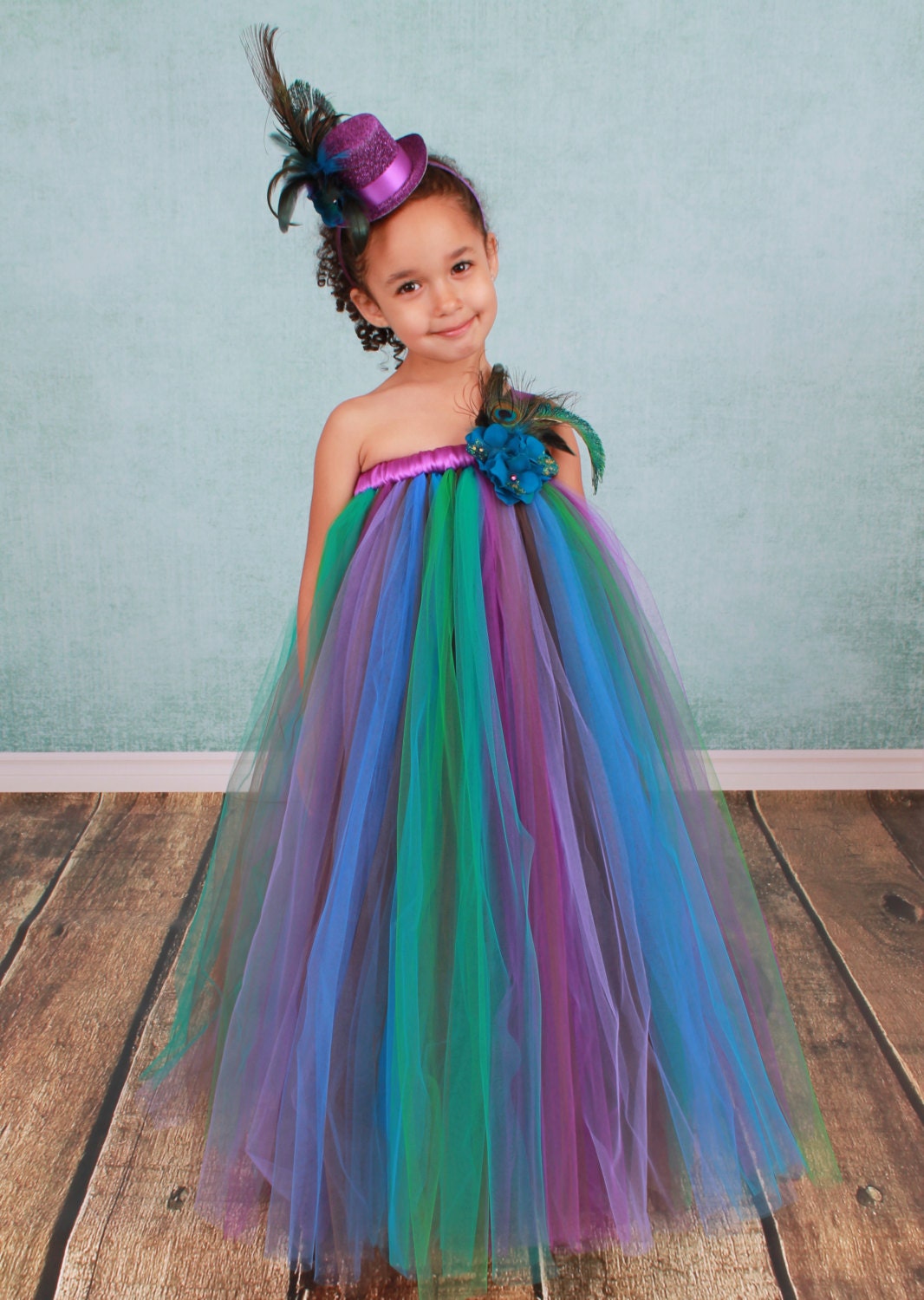 Flower Girl Tutu Dress - Peacock Princess - 7-8 Youth Girl - Cutie Patootie Designz