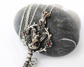 Silver Pendant "Magic Key" with garnets, Love,  unique, mysticism