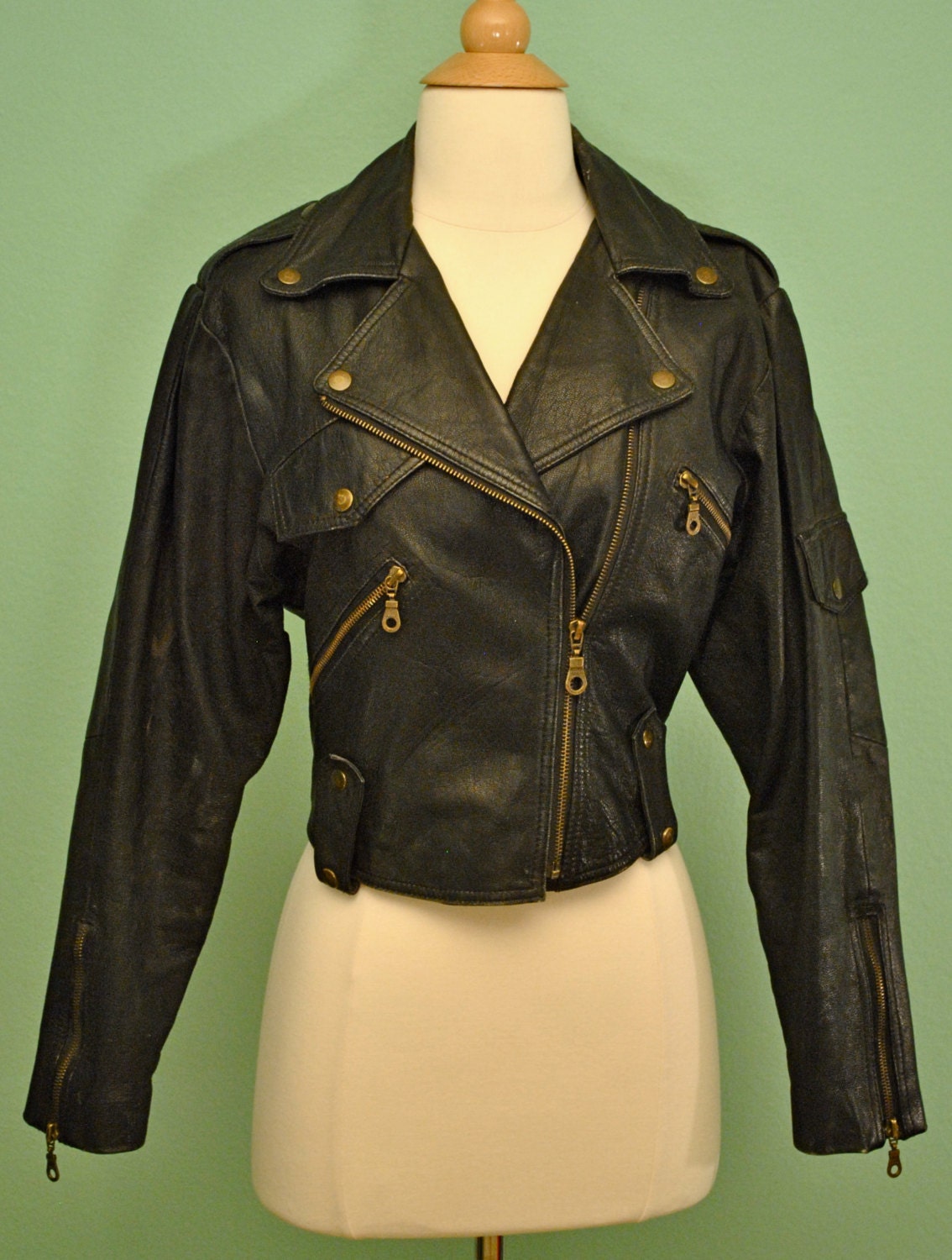 Vintage Black Leather Motorcycle Jacket for Modern Rockabilly Psychobilly Mod Punk Girl