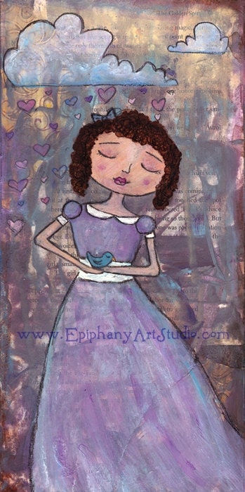 Whimsical Mixed Media Art Print - "Love Rains Down" - Sweet Girl with Blue Bird, Empire Victorian Purple Dress, Curly Hair, Childrens Art