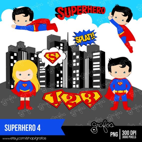 SUPERHERO 4 Digital Clipart ,Digital Clipart Superhero, Clipart Super Hero / Instant Download Il_570xn