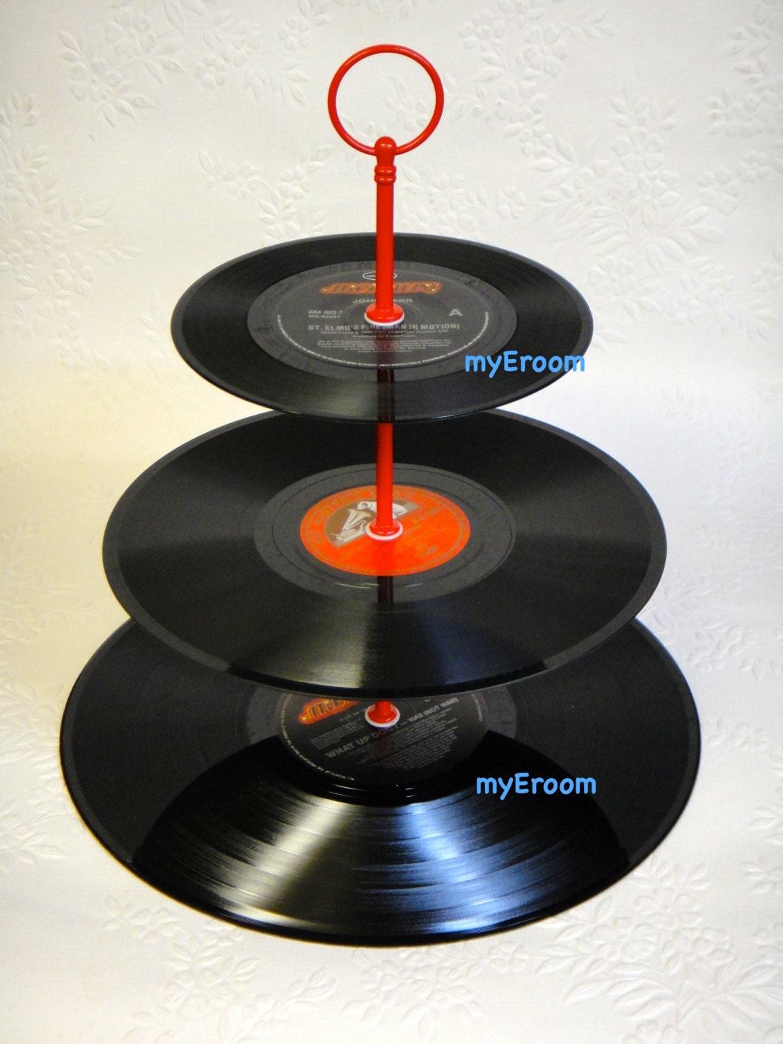 3 tier Vinyl Record Cupcake Stand Retro Cake Stand Red and Black