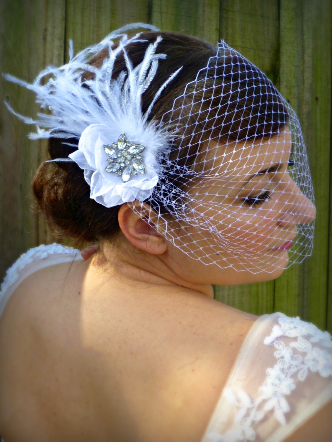 Bridal Veil - Bandeaux, blusher bridal veil with ostrich feathers - The Giovanna