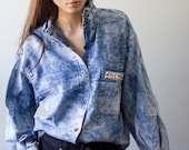 Studded Acid Wash Denim Shirt Vintage Grunge Rock Hipster Silver Studs Pocket Collar  On The Verge Women Men Unisex Large